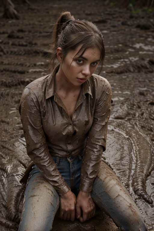 Jeans,(covered with mud:1.2), (Best Quality,hight resolution:1.2), ponytail haircut, Detailed eyes and face,Top model,23 years old woman smeared with mud,blouse,Dark and moody lighting,tied up and sitting in the mud