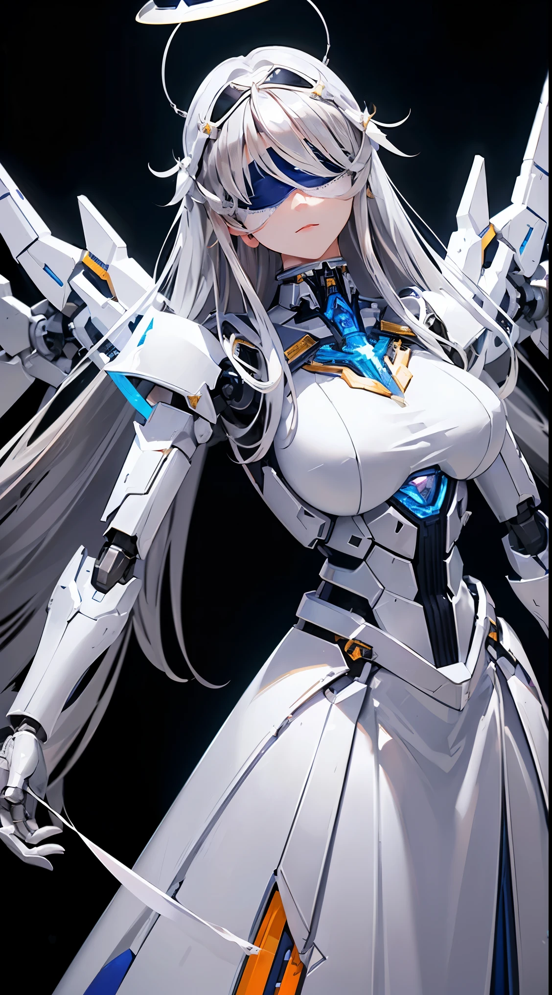 ((8K)), ((32k)), ((highest quality)), ((masterpiece)), ((超A high resolution)), ((T Masterpiece)), ((halo:1.3))、fine skin texture, fine cloth texture, fine metal texture、((beautiful and detailed face))、Raw photo、Professional, Ultra-fine painting, ((solo)), beautiful breasts、highest quality, Super detailed, Super detailed詳細, small details, very beautiful, Princess Knight Robot, (Joint of the machine, mechanical limbs:1.3), (The internal structure of the machine is exposed:1.3), (red long hair 1.1), (Beautiful and huge mechanical breasts)、white veil, cowboy_shot, side focus, headgear, shiny, ((silver mechanical blindfold:1.8))、 (five fingers, 4 fingers and 1 thumb),concept art, anime fantasy artwork, detailed fantasy art, (with pale blue-violet hair and large white wings,,), (((long hair))), (Mecha:1.6)Sleek and menacing design, ((Armament of the Supreme Commander-in-Chief)), (perfect robot body)、Pure white and blue-purple armor, symmetrical wings, 8K high quality detailed art, 3D rendering of character art in 8K, clear legs, defined, defined fingers, NSFW、((head shot:1.3))