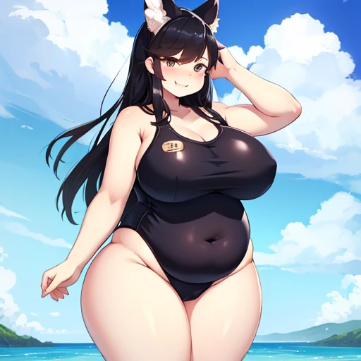 1girl, masterpiece, Atago from Azur Lane, beach, black one piece swimsuit, full body shown, tall, extremely obese, devious smiling face, standing, pinching her belly, black long hair, love handles, extremely fat belly