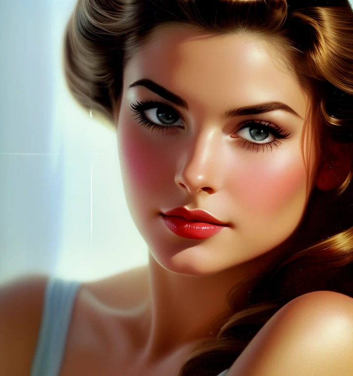 1970s,by Alberto Vargas,(Best quality, work of art), ultra-detailed and delicate portrait of a beautiful and timeless girl,noir woman, sultry eyes, closeup, style of Rolf Armstrong, light and shadow,charge of face,sexy face, beautifull nose, make different hair, make variations female noses,woman of Bahamas