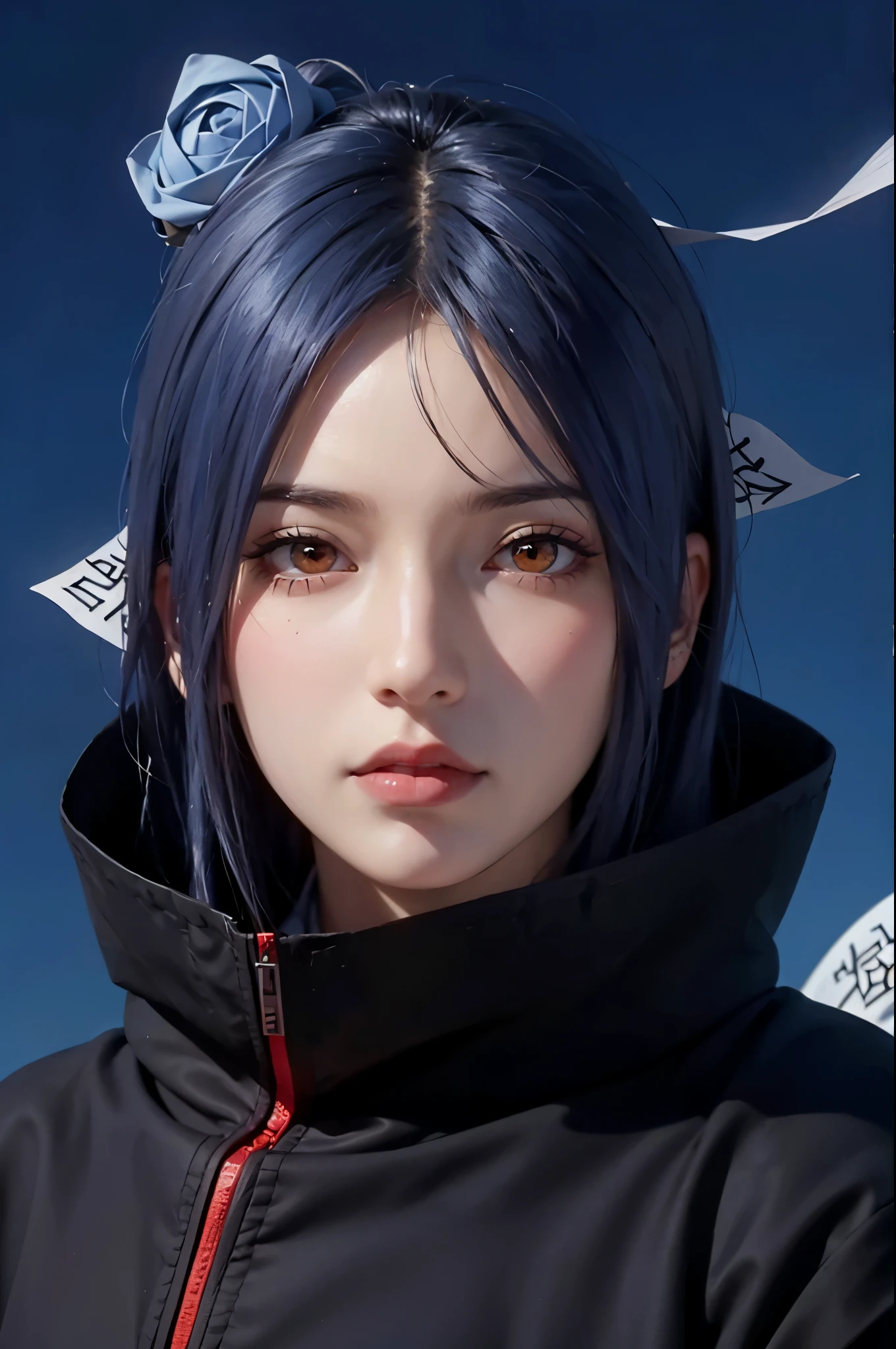 dark blue sky, many flying papers, 1 girl, ultra realistic, high res, highly detail, masterpiece, best quality, Konan of Naruto, close shot, looking at viewer, flying in the sky, sky background, konan, short hair, hair ornament, blue hair, flower, hair flower, (orange eyes:1.2), (labret piercing:1.2), eyeshadow,coat, cloak, black coat, black cloak, (akatsuki uniform:1.5), akatsuki \(naruto\), long face, oval face, 35 year old adult face