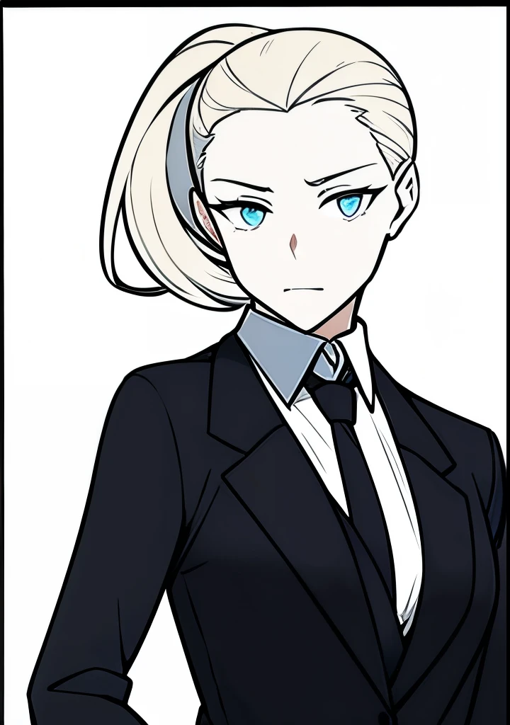 One Young Adult female, pale blonde slicked back into a short ponytail with a single bang on the left hand side, steel blue eyes, light and carefree expression, wearing black suit jacket and tie, portrait style, facing forwards