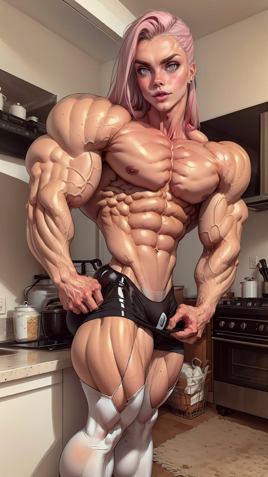 (1 girl:1.25), (cara delevingne:1.25), young girl, masculine physique, seductive face, seductive look, long pink hair, perfect muscular body, super skinny legs, latex panties, sissy, femboy, (huge muscular arms:1.25),