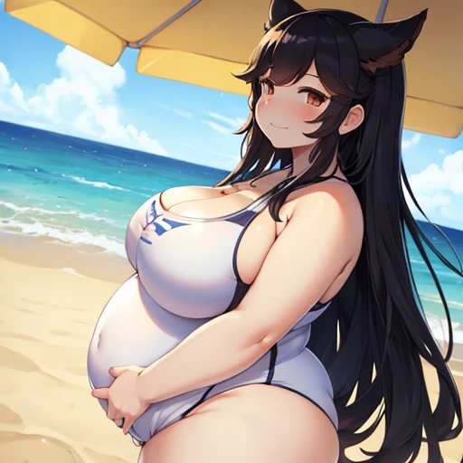 1girl, masterpiece, Atago from Azur Lane, beach, black one piece swimsuit, full body shown, tall, extremely obese, devious smiling face, standing, pinching her belly, black long hair, love handles, extremely fat belly, side profile