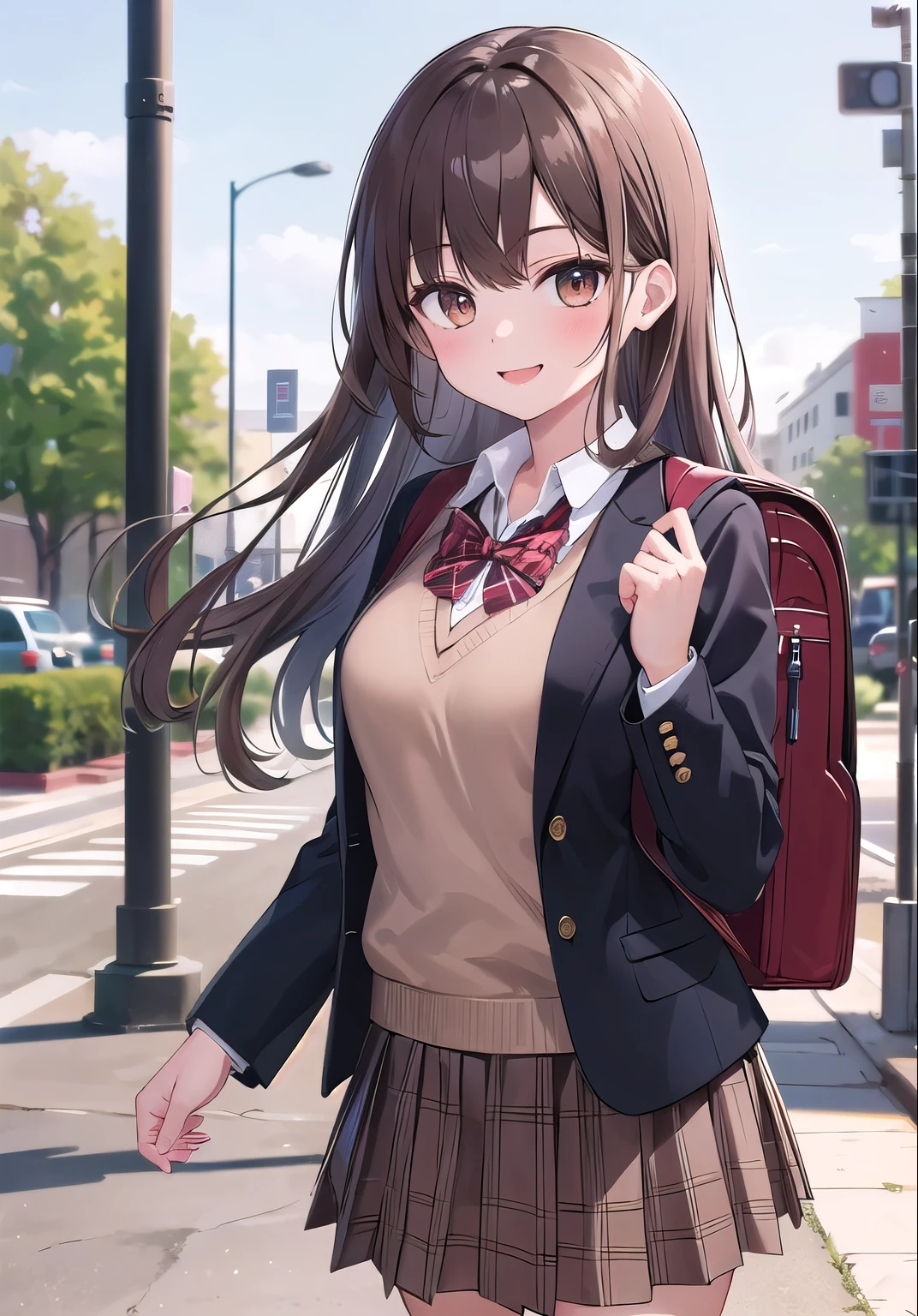 (masterpiece, best quality:1.0), highly detailed,  detail,  1girl , high, long hair, brown hair, UNiform, red bowtie, collared shirt, sweater vest, blazer, black blazer, opened jacket, long sleeves, plaid skirt, brown skirt, outdoor,  smile,  standing, cowboy shot, wearing school backpack, (school backpack:1.1)