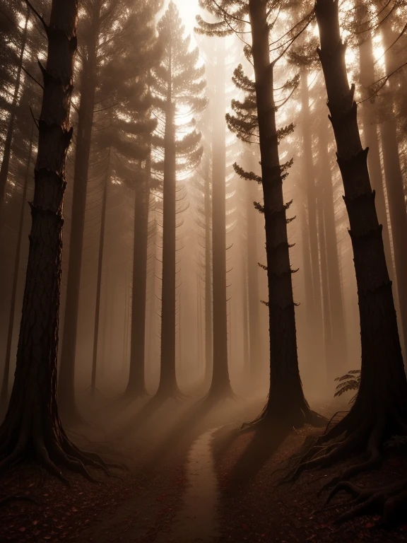 background, no persons, outdoors, forest, mist,big shadow red eyes betwen trees, dark sepia, shadows, horror scene