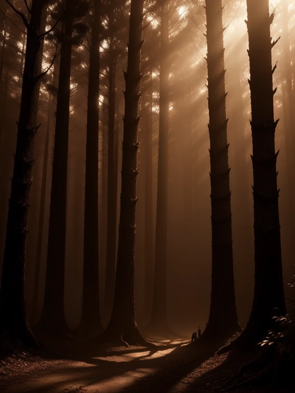 background, no persons, outdoors, forest, mist,big shadow red eyes betwen trees, dark sepia, shadows, horror scene