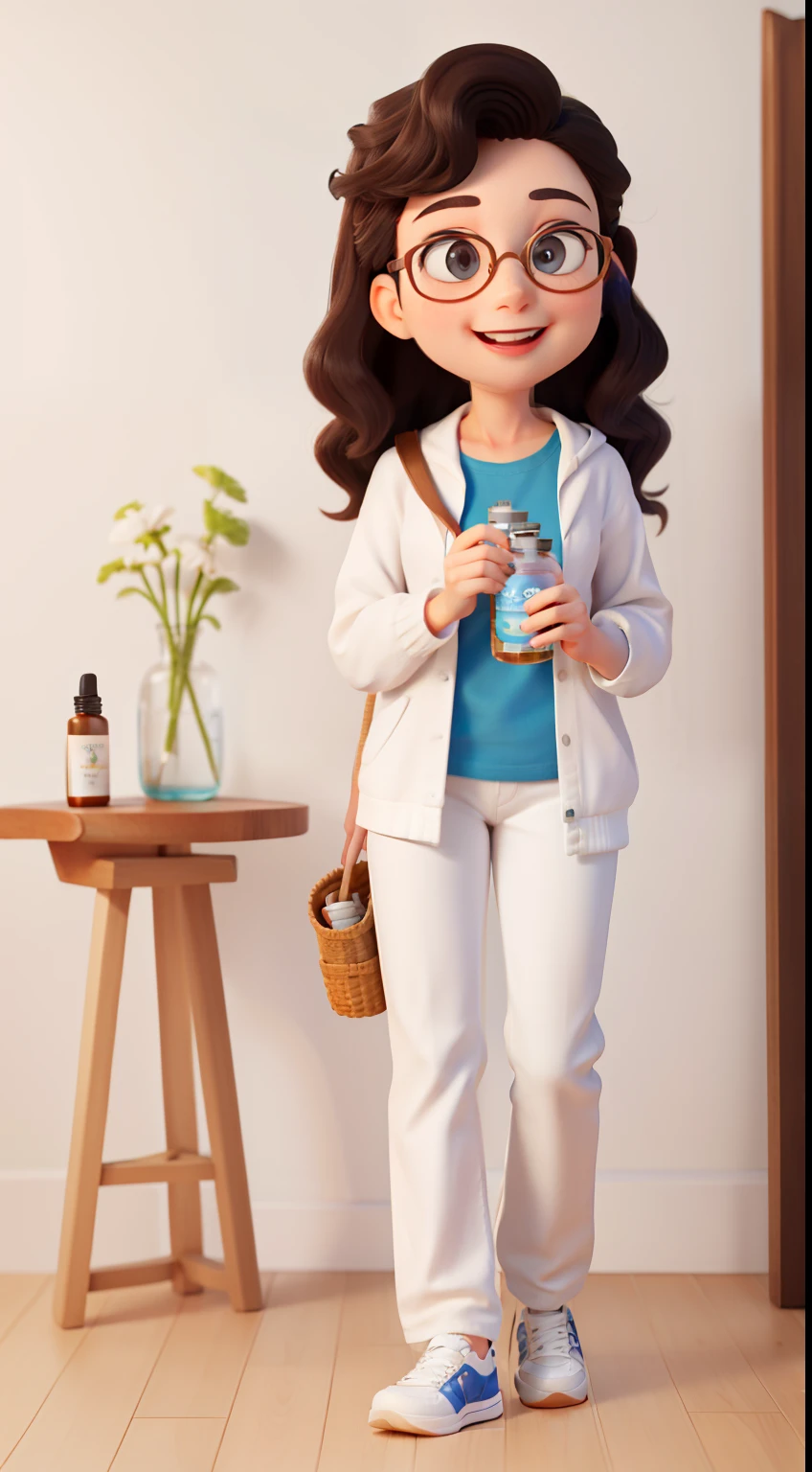 Create a Disney Pixar-style poster. Neste cartaz, Portraying a beautiful 45-years-old aromatherapist with long dark wavy hair, pela clara, olhos castanhos escuros, square prescription glasses and an essential oil botle in the hand, Dressed in white pants, White T-shirt and white sneakers and a blue jacket. 