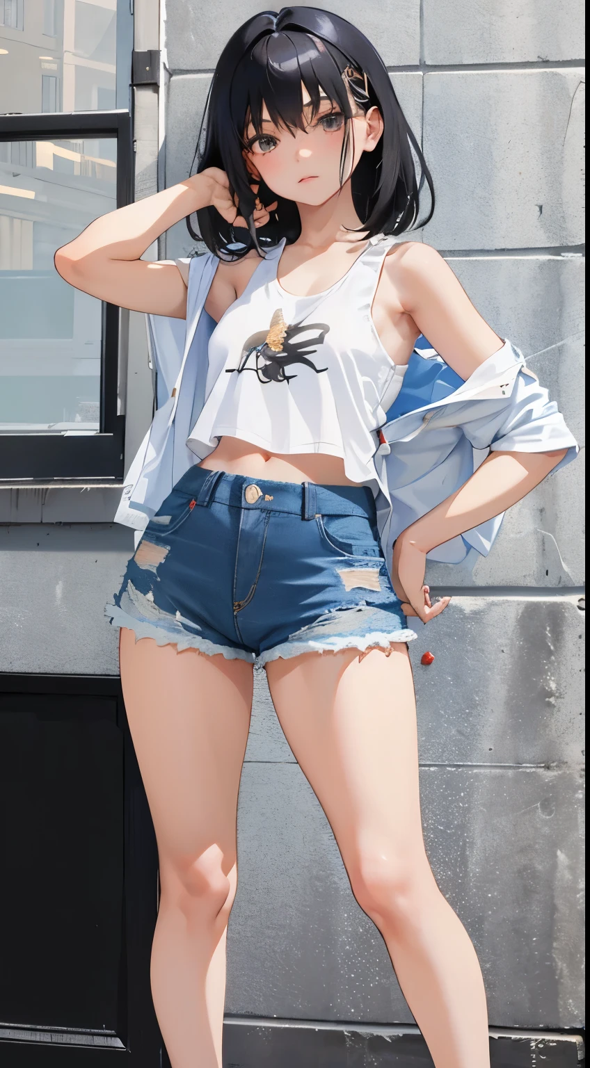 straight angle picture, 最高品質, master-piece, ultra-high resolution, (photorealistic portrait: 1.4), RAW photo, (full-body-shot), charming smiling girl, (((Playing electric guitar on live stage))), (Dynamic Poses), long-haired, long-hairedมาก, large boobs, Beautiful breasts, plump breasts, เสริมlarge boobs, small waist, flat stomach, micro thin, cross pendant necklace, earrings, (Rocker Chic, Red Lace Ruffleustier): 1.5, ((Extra high waisted short denim skirt.)), A colorful light show, Spotlight,