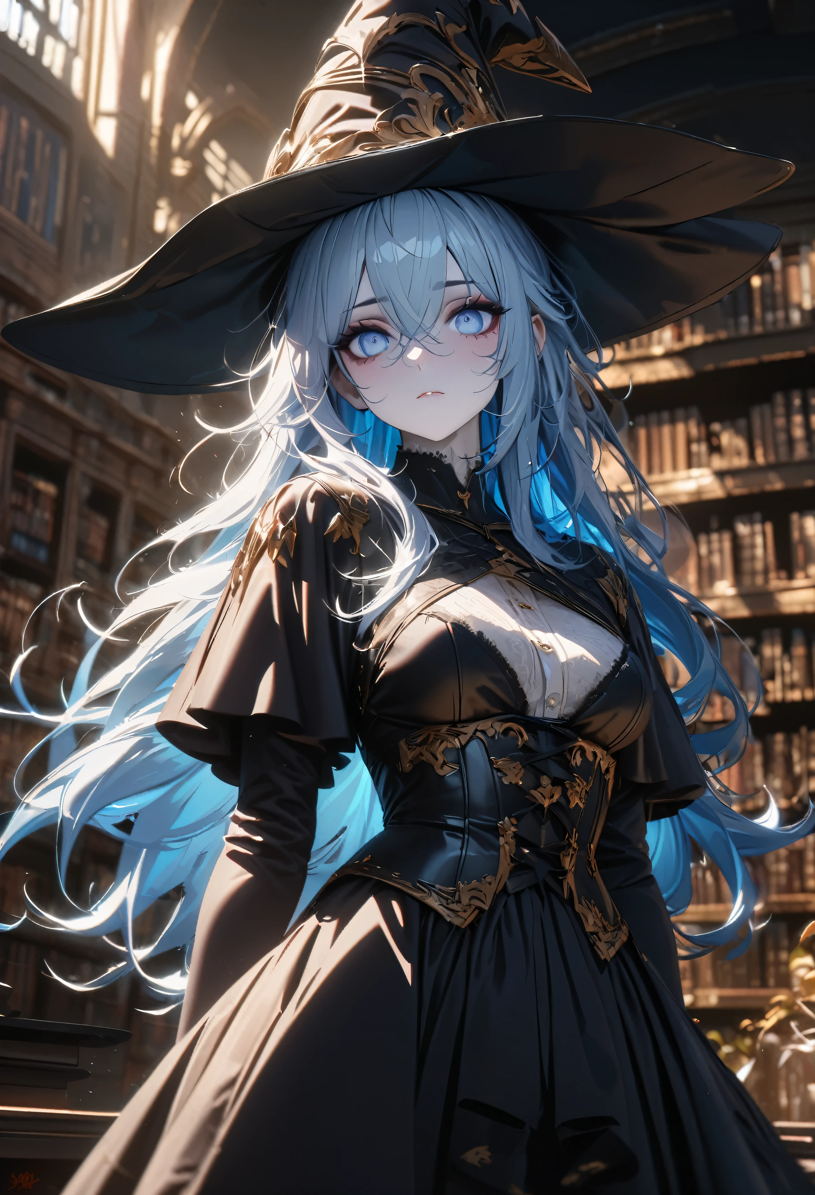 (absurdres, highres, ultra detailed), masterpiece, perfect resolution, great detail, super detailed, detailed face, unhealthy, NEET, unhealthy pale skin, pink dry lips, blue eyes, light eyes, eyeshadow, tired looking, tired eyes, medium breasts, light blue hair, messy hair, unkept hair, long hair, dense hair, mane hair, library scenery, dark robes, witch hat, corset, emotionless face, depth of field, (25 years old), cinematic lighting, ray tracing, depth of field, cinematic lighting, ray tracing, UHD, high details, best quality, highres, high quality, award winning, super detail, masterpiece, 8k, UHD, high details, best quality, highres, high quality, award winning, super detail, masterpiece, 8k, digital art, anime coloring
