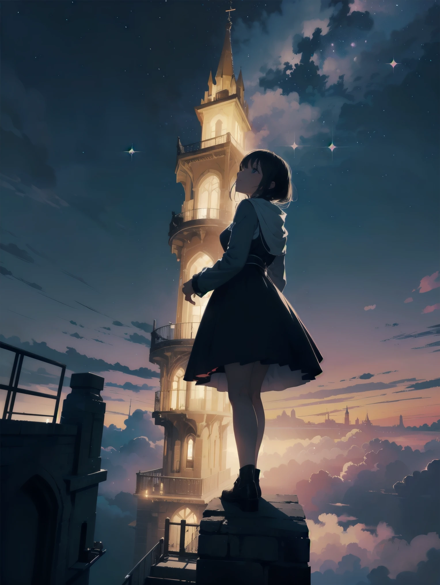 Girl looking up Scene 1: Twilight tower shadow The girl stands quietly against the sky, which is dyed an azure colour. Towering up in front of her is a huge structure called the Tower of Babel. Its form, which seems to pierce through the clouds, seems as if it is about to reach the heavens. The girl's gaze is directed towards the top of the tower. The tower, shrouded in evening darkness, creates a fantastic atmosphere. The surface of the tower is engraved with intricate patterns. It looks like ancient writing. The girl seems to sense something deep within the tower. Is it the memory of a masterpiece story or a longing for an unknown fantasy world? Scene 2: Memory of the starry sky The girl stands at the top of the tower amidst countless twinkling stars in the night sky. At her feet, the lights of the city shine like jewels. The girl closes her eyes and takes a deep breath. The scent of the night breeze is mixed with the old smell of the tower. The girl's mind replayed a famous story. It was a story of adventure and friendship that the girl read as a . The hero of the story, like the girl, climbed the Tower of Babel. There, she meets her friends and overcomes various difficulties. The girl dreamed that one day she, like the hero, would go on an adventure. Scene 3: The promise of the morning glow The girl left the tower just as the light of the morning sun was illuminating it. Looking back, the tower shone in the morning sun and even looked divine. The girl decides that one day she will climb this tower again. And when she does, she vows to spin out the rest of the masterpiece's story. Step by step, the girl walked into the future.