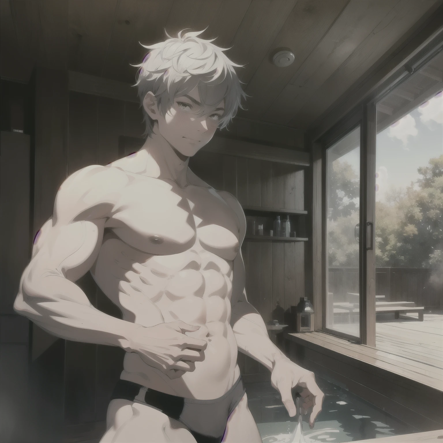 absurd resolution, high resolution, (obra de arte: 1.4), hiper-detalhe, Dentro de uma sauna isolada, vapor, um homem bem musculoso de cabelos loiros curtos e olhos azuis, (1.3), an expression of pleasure and blushing, Abra a boca
