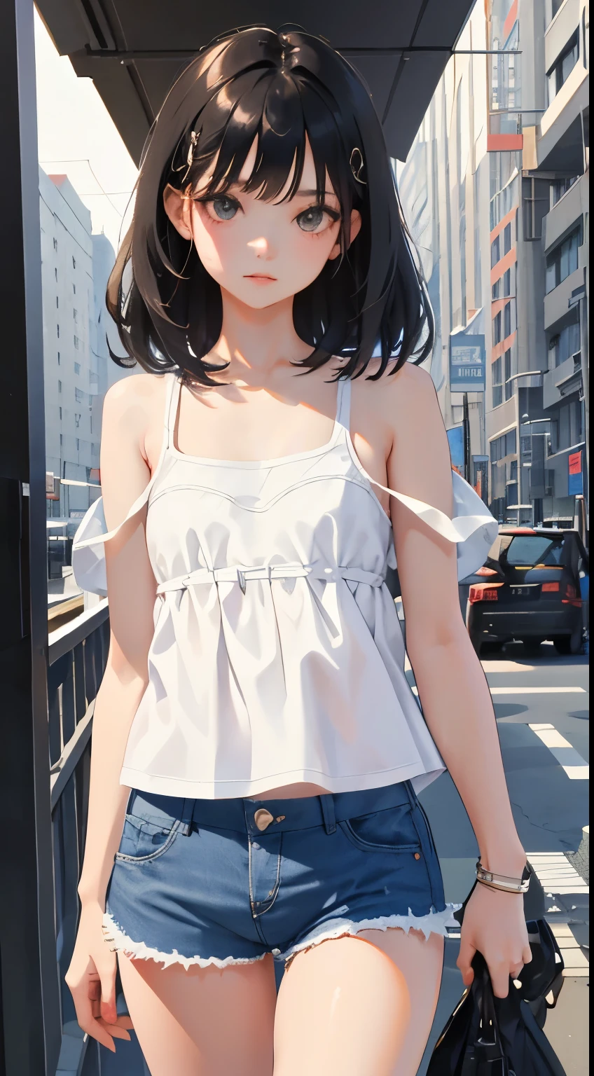 (short cute girl,small young student,young delicate girl),(masterpiece,Top quality),Tank top,denim shorts,short sleeve,long black hair,sleepy