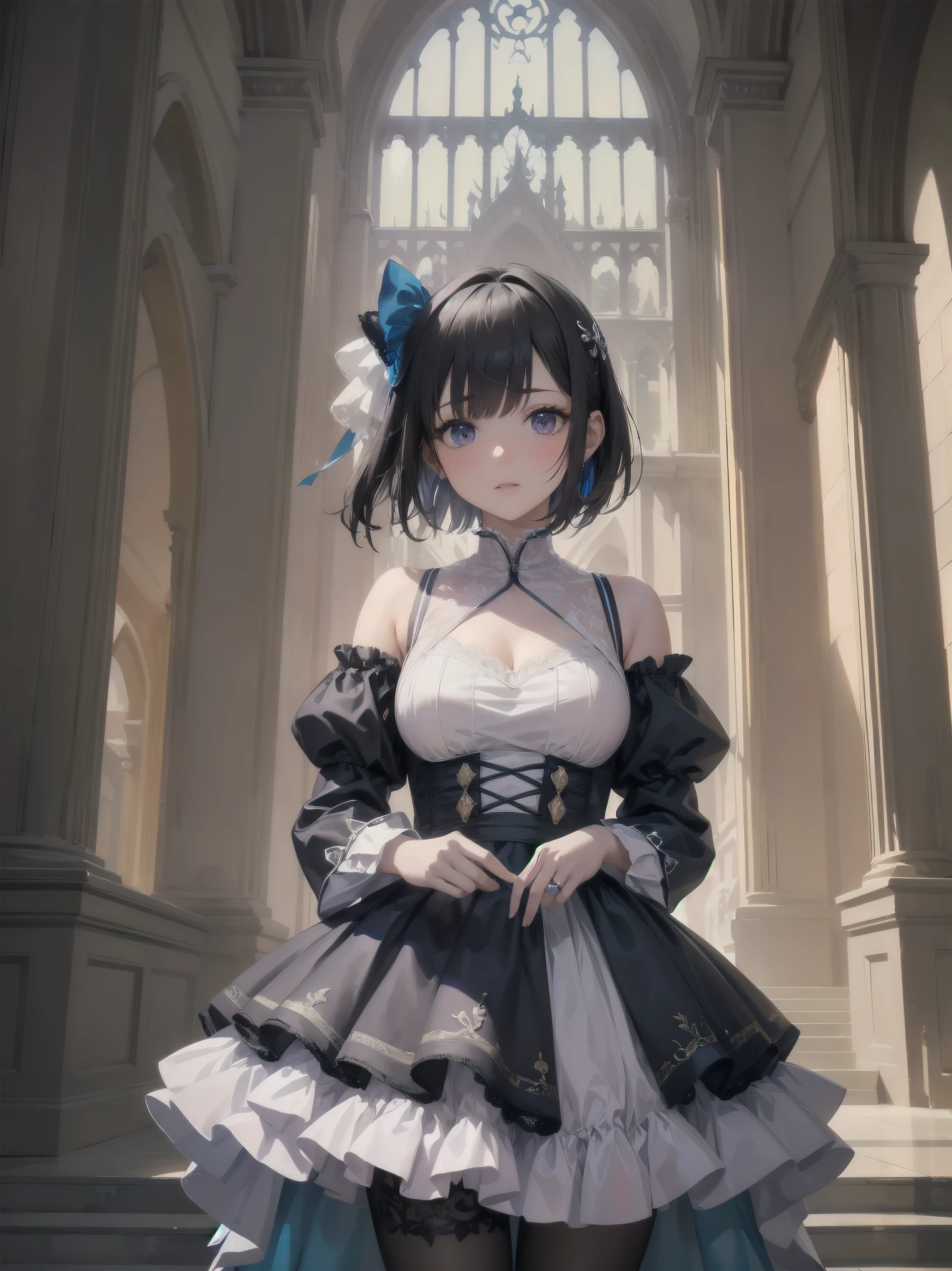 bride: wedding ring shining on ring finger Fusion of medieval European fashion Emphasis on elements of cuteness and adoration Posed illustration of the overwhelming cuteness of the character in the foreground Overwhelming architectural and cityscape background Ultra-detailed, rich, contemporary interpretation of medieval Europe and fantasy world Realistic textures, Professional artistic shading and light sources, scene-like cinematography and effects, depth of subject One beautiful girl, super cute, bob cut, side ponytail, perfect anatomy
Colours: pastel, white, pale purple, blue, gingham check
Materials: chiffon, lace, satin, velvet, etc. Silhouette: fluffy skirt, A-line, long length
Decoration: frills, ribbons, lace, pearls, embroidery etc. Coordinates Romantic princess: pastel dress, lace blouse, fluffy skirt, ribbon hair accessory, black tights Add accessories and accessories to personalise.