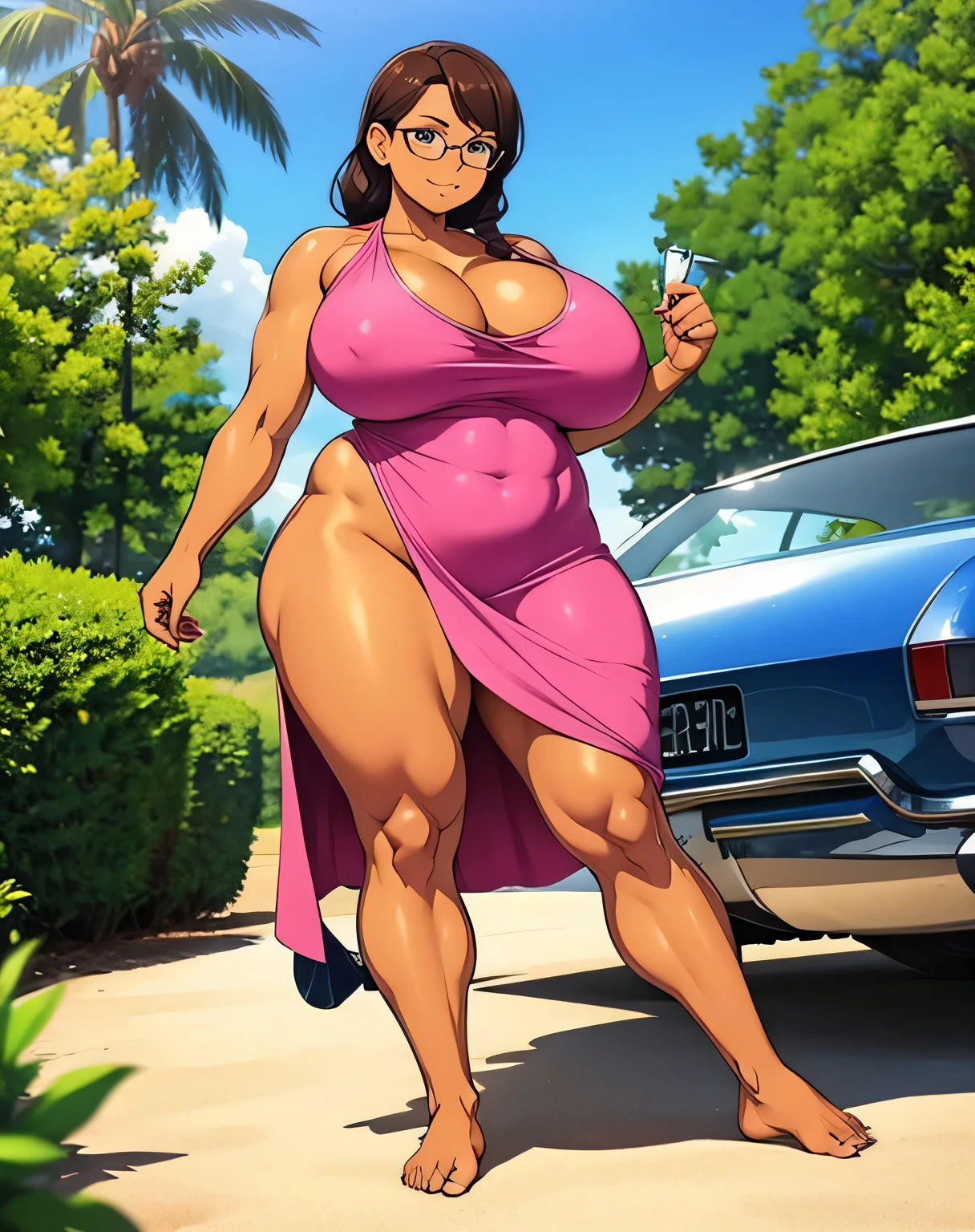 Woman, barefoot, skimpy summer dress, curvy, tanned, milf, glasses