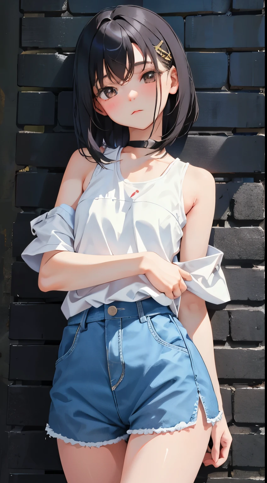 (short cute girl，small young student，young delicate girl）,（masterpiece，Top quality)，Tank top，shorts，short sleeve，long black hair，sleepy