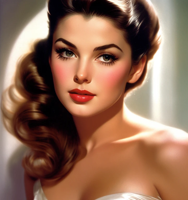 1970s,by Alberto Vargas,(Best quality, work of art), ultra-detailed and delicate portrait of a beautiful and timeless girl,noir woman, sultry eyes, closeup, style of Rolf Armstrong, light and shadow,charge of face,sexy face, beautifull nose, make different hair, make variations female noses,woman of eua