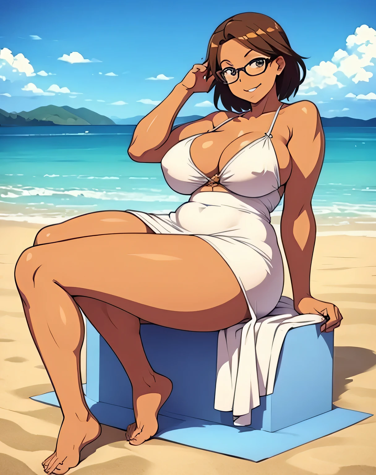 Woman, barefoot, skimpy summer dress, curvy, tanned, milf, glasses