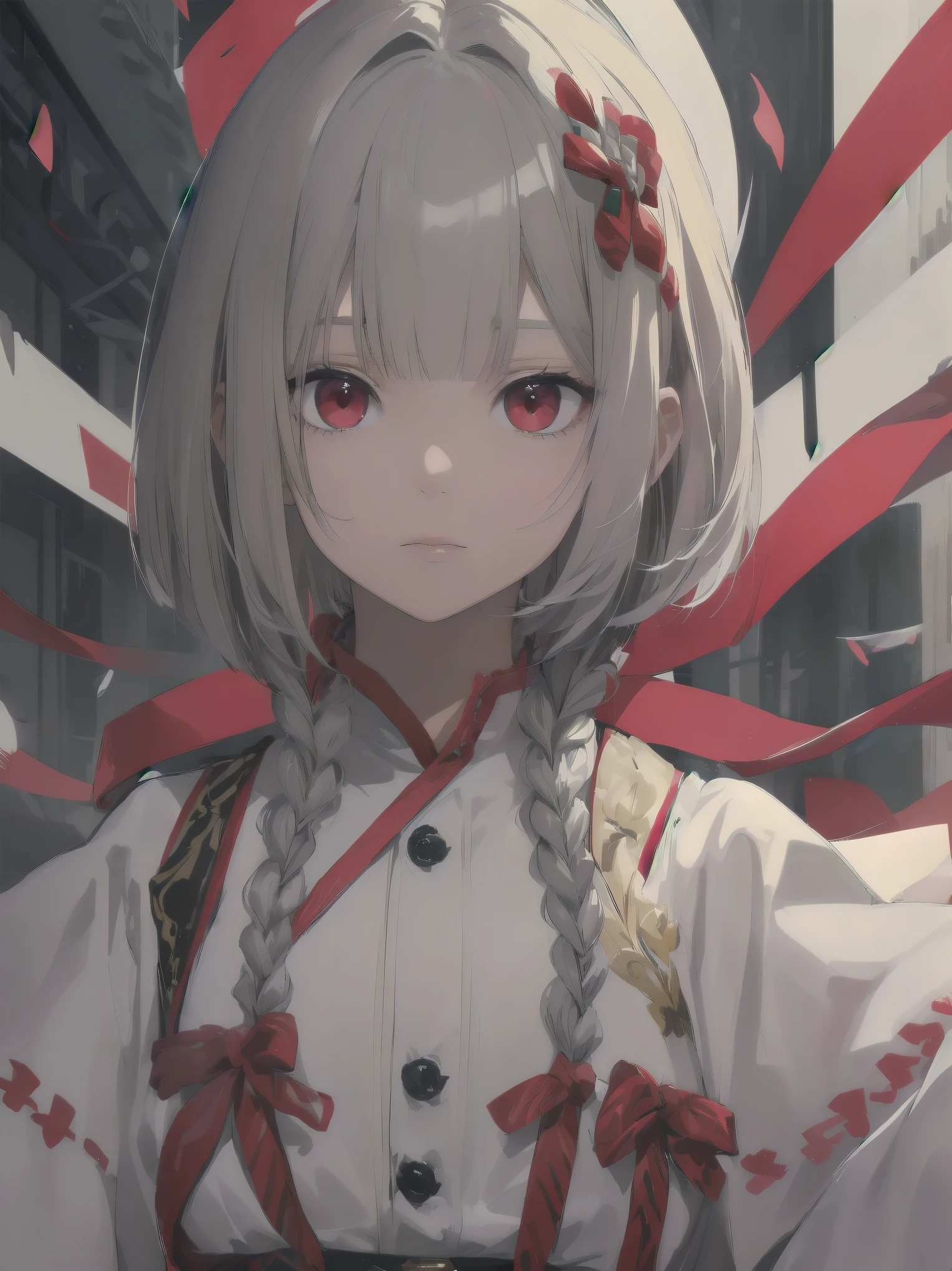 highest quality, masterpiece,gray hair, red eyes,white clothes, look up, Upper body,Fair skin,One-length bob cut with braided braids、cute
