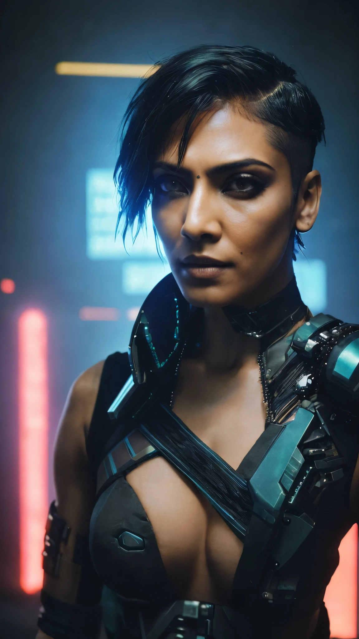 (photo of a gorgeous woman), (professional photography), (cyberpunk  background), ((as a cyberpunk fighter)), (upper body), ((side cut hair)), masterpiece, best quality, (eye contact), (looking at the viewer), centred, (shot from front), blurred_background, proportional