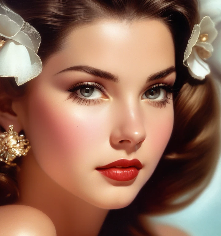 1970s,by Alberto Vargas,(Best quality, work of art), ultra-detailed and delicate portrait of a beautiful and timeless girl,noir woman, sultry eyes, closeup, style of Rolf Armstrong, light and shadow,charge of face,sexy face, beautifull nose, make different hair, make variations female noses,woman of eua