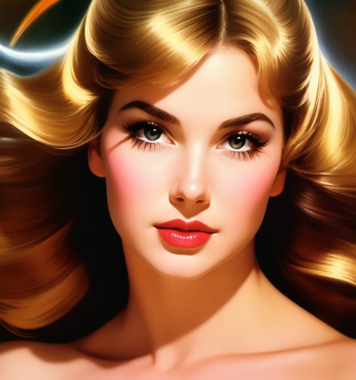1970s,by Alberto Vargas,(Best quality, work of art), ultra-detailed and delicate portrait of a beautiful and timeless girl,noir woman, sultry eyes, closeup, style of Rolf Armstrong, light and shadow,charge of face,sexy face, beautifull nose, make different hair, make variations female noses,woman of eua