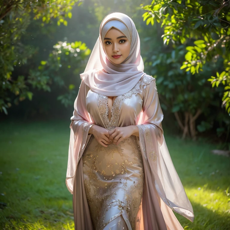 half body, beautiful muslimah girls, wearing traditional silk kebaya, ultra-detailed, detailed faces, detailed skins, 8k masterpieces, cinematic lighting, perfect round bosom, voluptuous bosom, slim and slender body, long hijab, eid mubarak, in malay village, in the meadow