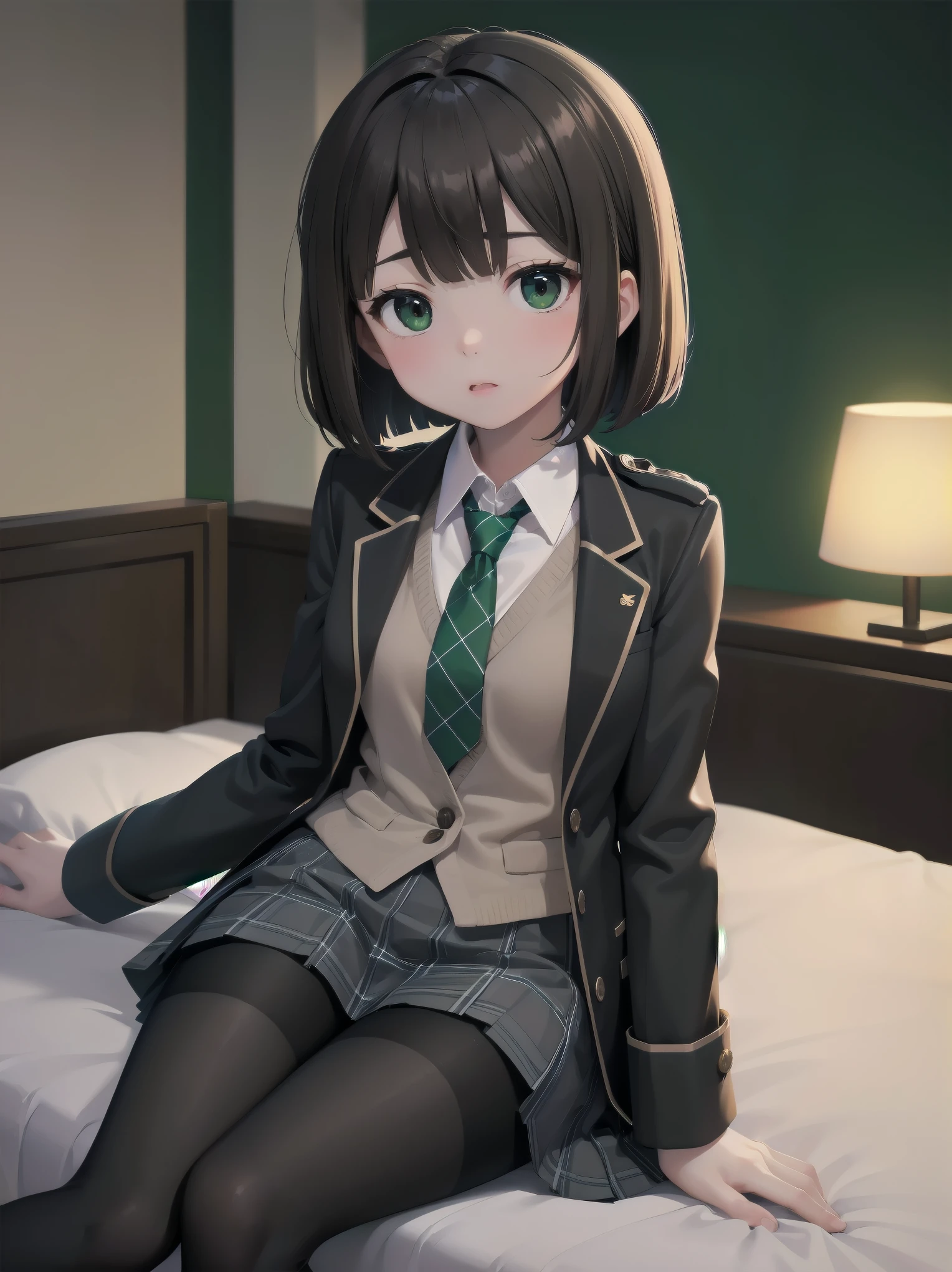 Top-High quality、Highest image quality、masterpiece、high contrast、Vulgarity、high school girl、on the bed、brown hair、bob cut、uniform、(brown blazer)、ribbon tie、(Green and gray plaid skirt)、(black tights)、cinematic lighting、fine shading