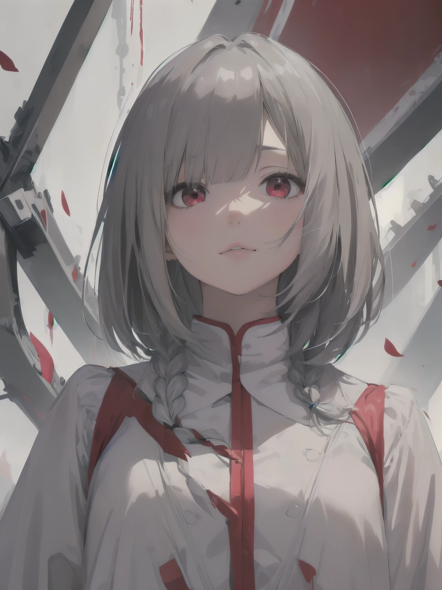 highest quality, masterpiece,gray hair, red eyes,white clothes, look up, Upper body,Fair skin,One-length bob cut with braided braids、cute