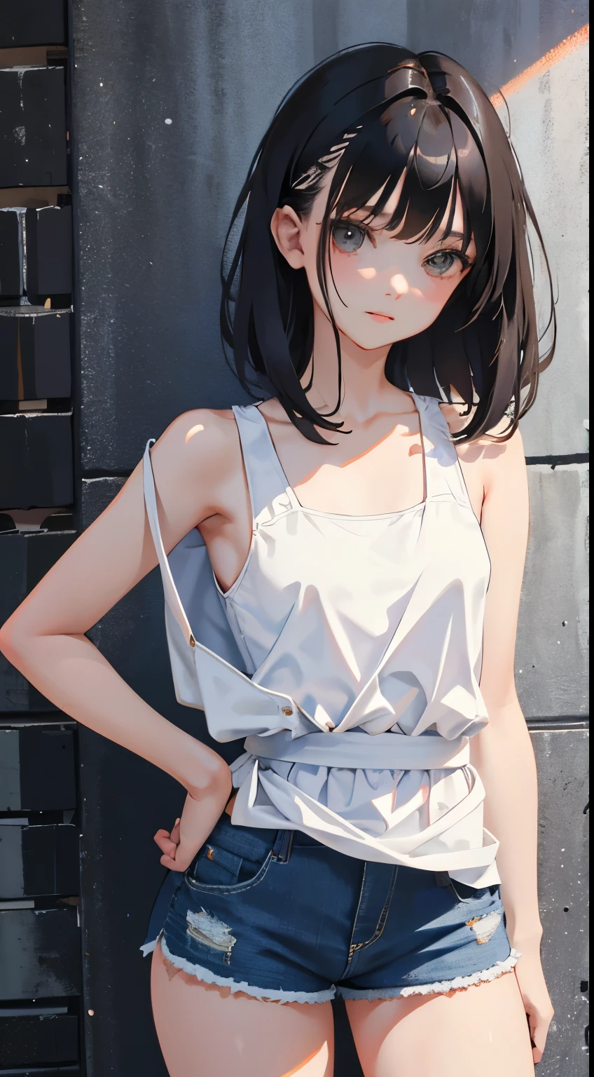 masterpiece, Highest quality,Cute doodles,One Girl,Brown Hair, short hair, Denim shorts、Black Tank Top,Open Fly,Very short stature,Flat Chest,Small Ass,Thin thighs,Cat,Belly button