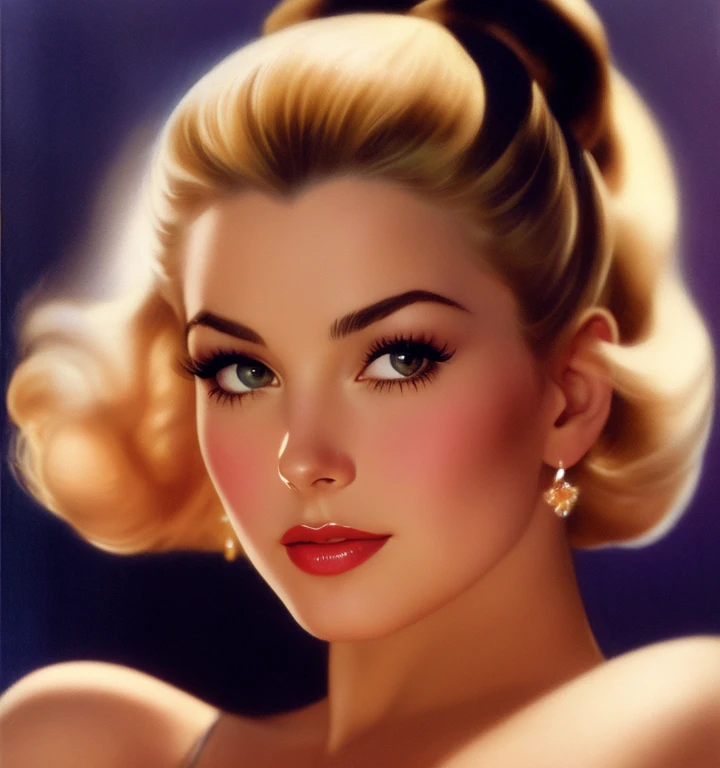 1970s,by Alberto Vargas,(Best quality, work of art), ultra-detailed and delicate portrait of a beautiful and timeless girl,noir woman, sultry eyes, closeup, style of Rolf Armstrong, light and shadow,charge of face,sexy face, beautifull nose, make different hair, make variations female noses,woman of  canada