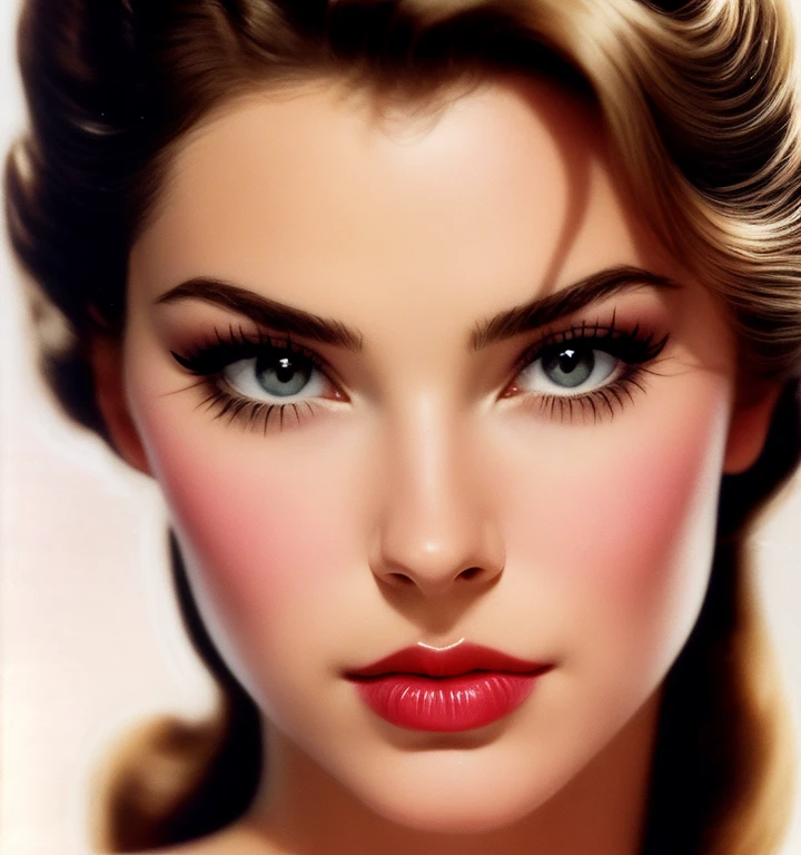 1970s,by Alberto Vargas,(Best quality, work of art), ultra-detailed and delicate portrait of a beautiful and timeless girl,noir woman, sultry eyes, closeup, style of Rolf Armstrong, light and shadow,charge of face,sexy face, beautifull nose, make different hair, make variations female noses,woman of canada
