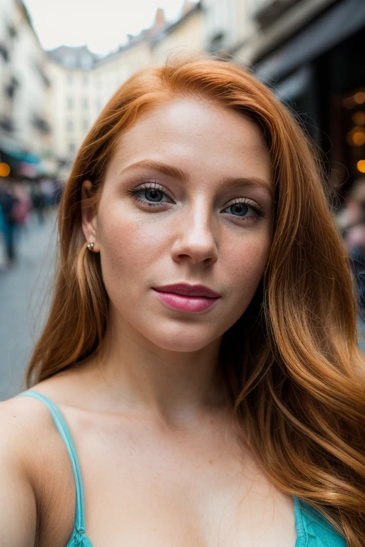 (selfie, plan: 1.4) Photo brute, portrait photo, A close-up portrait of a stunning ginger woman on a street, yeux verts, joli, Facing the camera, 8k euh, DSLR, soft lighting, high quality, grain de film, Fujifilm XT3