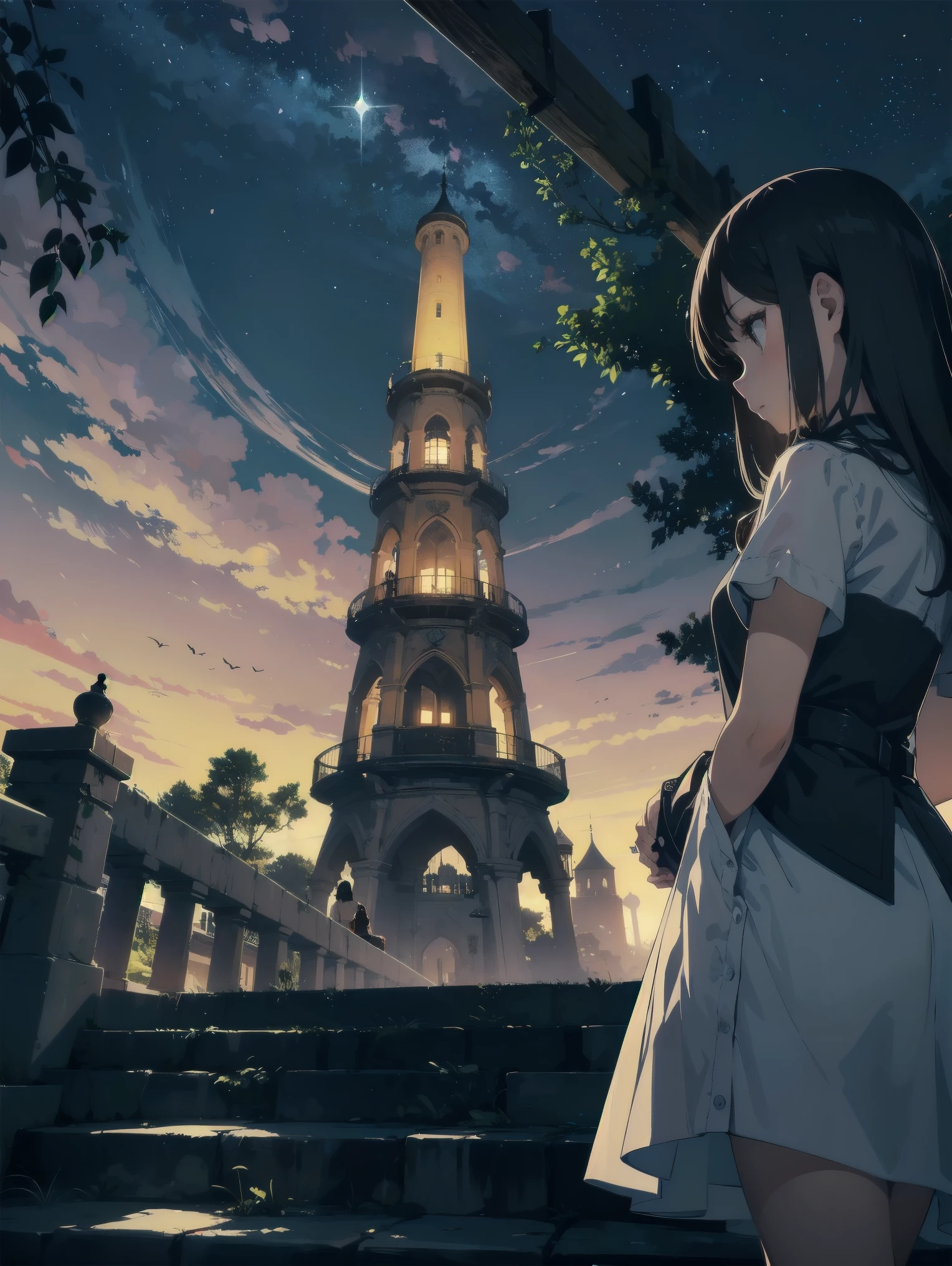 Girl looking up Scene 1: Twilight tower shadow The girl stands quietly against the sky, which is dyed an azure colour. Towering up in front of her is a huge structure called the Tower of Babel. Its form, which seems to pierce through the clouds, seems as if it is about to reach the heavens. The girl's gaze is directed towards the top of the tower. The tower, shrouded in evening darkness, creates a fantastic atmosphere. The surface of the tower is engraved with intricate patterns. It looks like ancient writing. The girl seems to sense something deep within the tower. Is it the memory of a masterpiece story or a longing for an unknown fantasy world? Scene 2: Memory of the starry sky The girl stands at the top of the tower amidst countless twinkling stars in the night sky. At her feet, the lights of the city shine like jewels. The girl closes her eyes and takes a deep breath. The scent of the night breeze is mixed with the old smell of the tower. The girl's mind replayed a famous story. It was a story of adventure and friendship that the girl read as a . The hero of the story, like the girl, climbed the Tower of Babel. There, she meets her friends and overcomes various difficulties. The girl dreamed that one day she, like the hero, would go on an adventure. Scene 3: The promise of the morning glow The girl left the tower just as the light of the morning sun was illuminating it. Looking back, the tower shone in the morning sun and even looked divine. The girl decides that one day she will climb this tower again. And when she does, she vows to spin out the rest of the masterpiece's story. Step by step, the girl walked into the future.