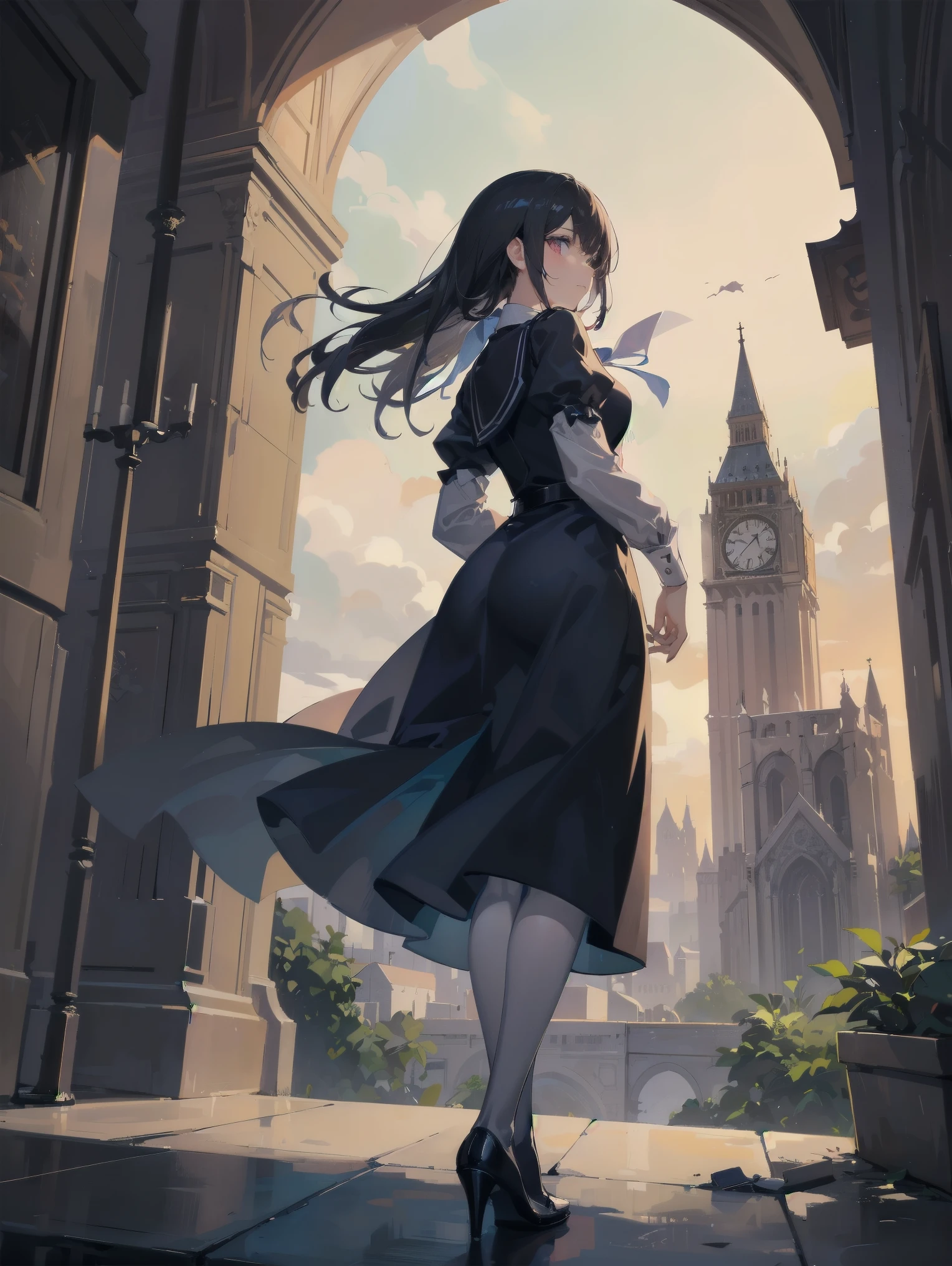 Girl looking up Scene 1: Twilight tower shadow The girl stands quietly against the sky, which is dyed an azure colour. Towering up in front of her is a huge structure called the Tower of Babel. Its form, which seems to pierce through the clouds, seems as if it is about to reach the heavens. The girl's gaze is directed towards the top of the tower. The tower, shrouded in evening darkness, creates a fantastic atmosphere. The surface of the tower is engraved with intricate patterns. It looks like ancient writing. The girl seems to sense something deep within the tower. Is it the memory of a masterpiece story or a longing for an unknown fantasy world? Scene 2: Memory of the starry sky The girl stands at the top of the tower amidst countless twinkling stars in the night sky. At her feet, the lights of the city shine like jewels. The girl closes her eyes and takes a deep breath. The scent of the night breeze is mixed with the old smell of the tower. The girl's mind replayed a famous story. It was a story of adventure and friendship that the girl read as a . The hero of the story, like the girl, climbed the Tower of Babel. There, she meets her friends and overcomes various difficulties. The girl dreamed that one day she, like the hero, would go on an adventure. Scene 3: The promise of the morning glow The girl left the tower just as the light of the morning sun was illuminating it. Looking back, the tower shone in the morning sun and even looked divine. The girl decides that one day she will climb this tower again. And when she does, she vows to spin out the rest of the masterpiece's story. Step by step, the girl walked into the future.