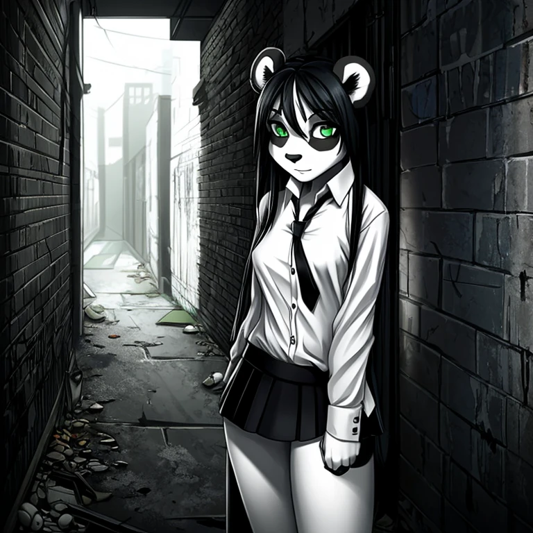 1Girl, Long black hair, Panda ears, Panda tail, Sexy face, (Covered in black and white fur), (White button up shirt, Black tie and Black short skirt), Cornered in a Dark creepy abandoned alley way, (Dark green eyes), (Scared)