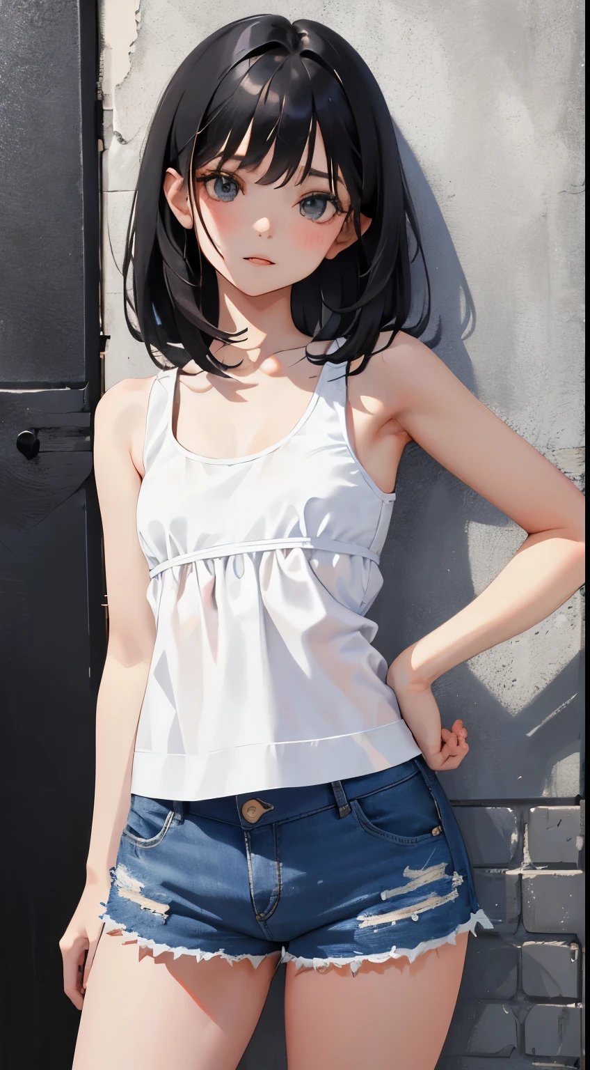 (short cute girl， young studeg delicate girl）,（masterpiece，Top quality)，Tank top，denim shorts，short sleeve，long black hair，sleepy