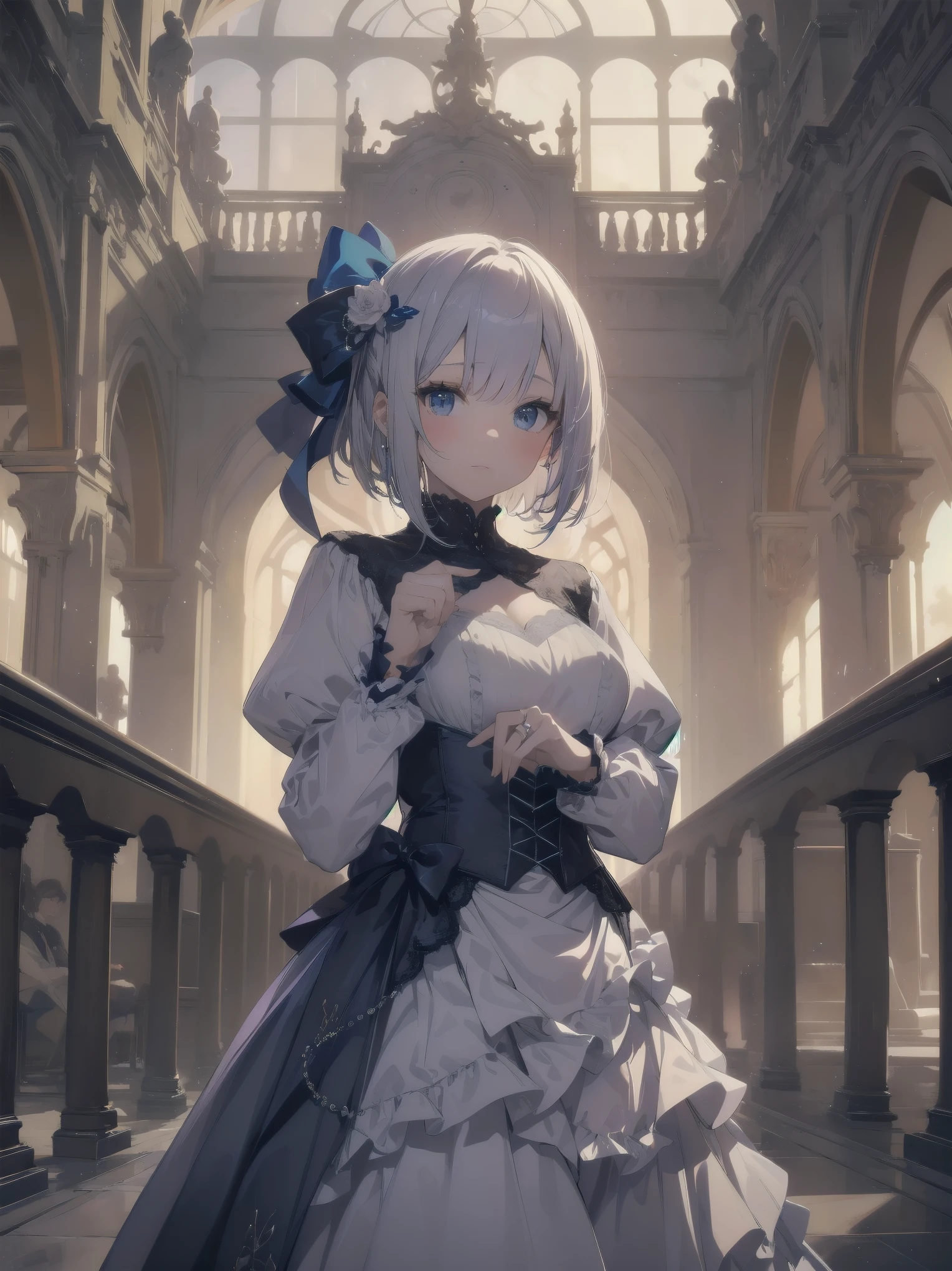 bride: wedding ring shining on ring finger Fusion of medieval European fashion Emphasis on elements of cuteness and adoration Posed illustration of the overwhelming cuteness of the character in the foreground Overwhelming architectural and cityscape background Ultra-detailed, rich, contemporary interpretation of medieval Europe and fantasy world Realistic textures, Professional artistic shading and light sources, scene-like cinematography and effects, depth of subject One beautiful girl, super cute, bob cut, side ponytail, perfect anatomy
Colours: pastel, white, pale purple, blue, gingham check
Materials: chiffon, lace, satin, velvet, etc. Silhouette: fluffy skirt, A-line, long length
Decoration: frills, ribbons, lace, pearls, embroidery etc. Coordinates Romantic princess: pastel dress, lace blouse, fluffy skirt, ribbon hair accessory, black tights Add accessories and accessories to personalise.