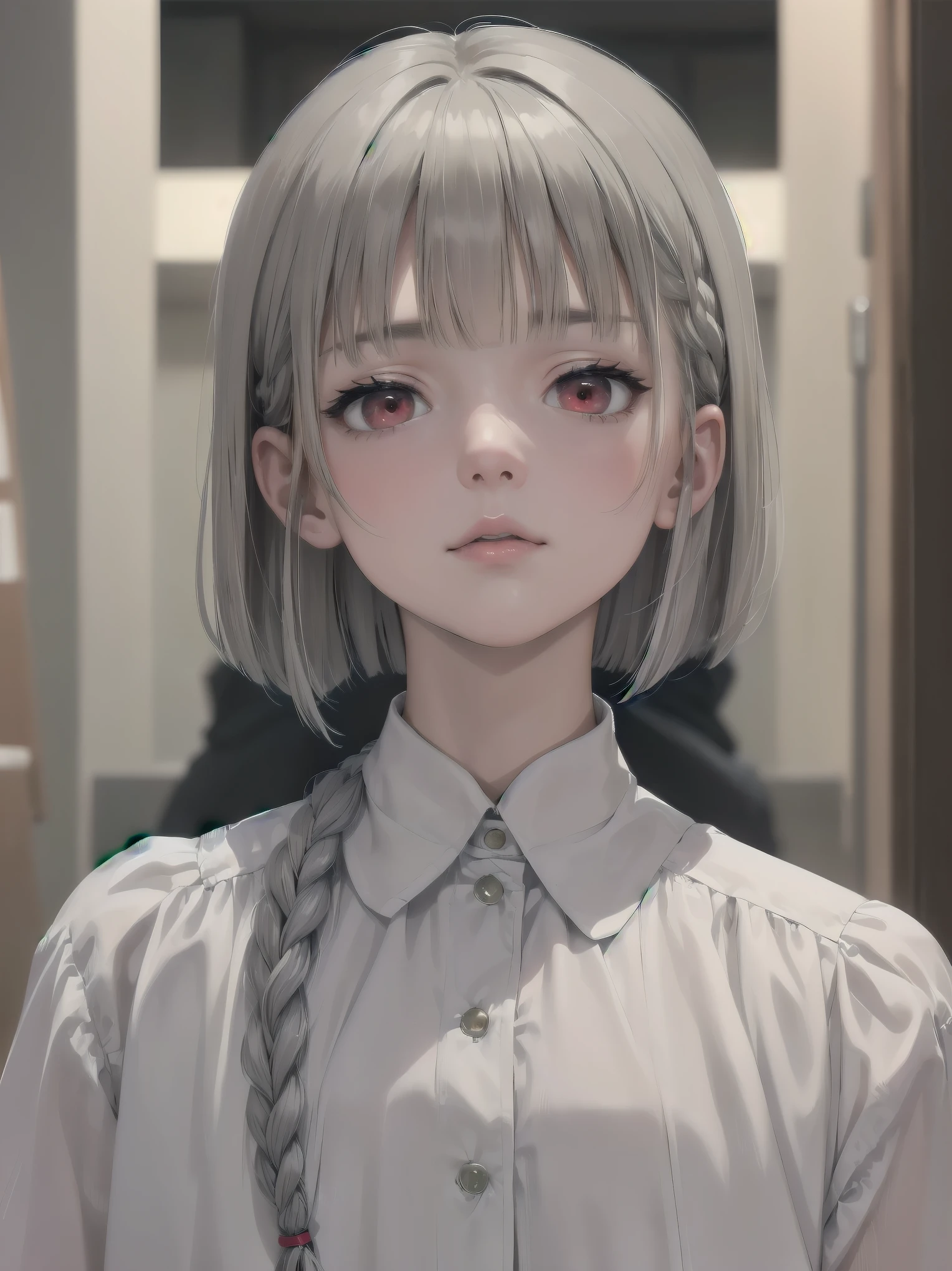 highest quality, masterpiece,gray hair, red eyes,white clothes, look up, Upper body,Fair skin,One-length bob cut with braided braids、cute