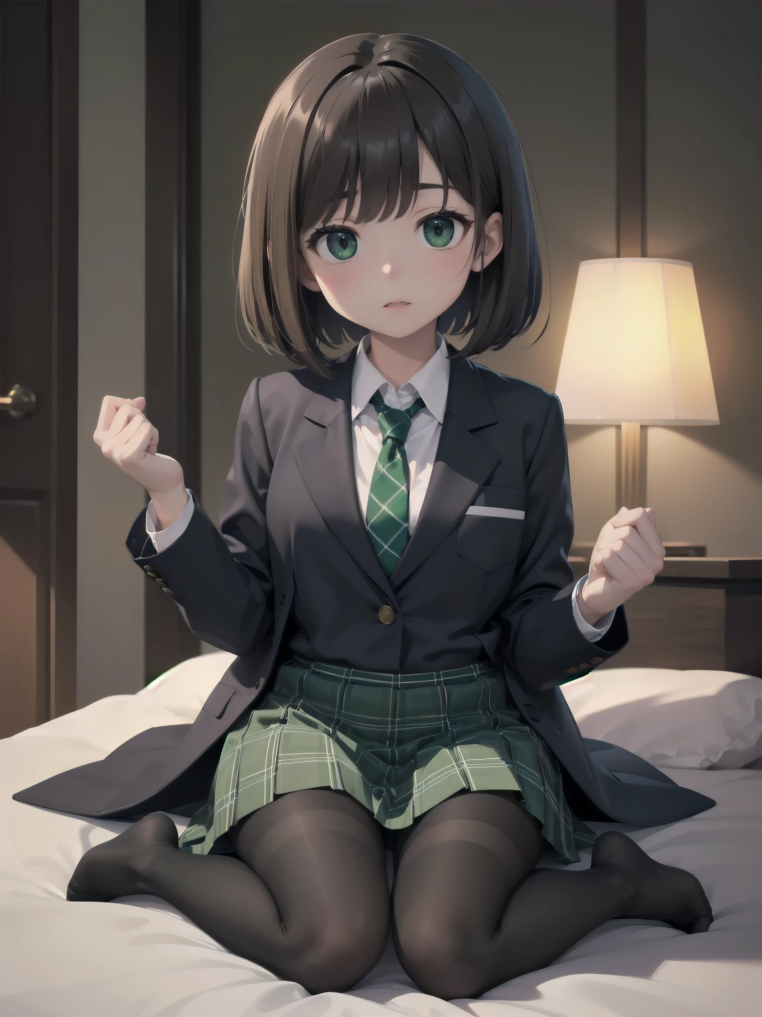 Top-High quality、Highest image quality、masterpiece、high contrast、Vulgarity、high school girl、on the bed、brown hair、bob cut、uniform、(brown blazer)、ribbon tie、(Green and gray plaid skirt)、(black tights)、cinematic lighting、fine shading