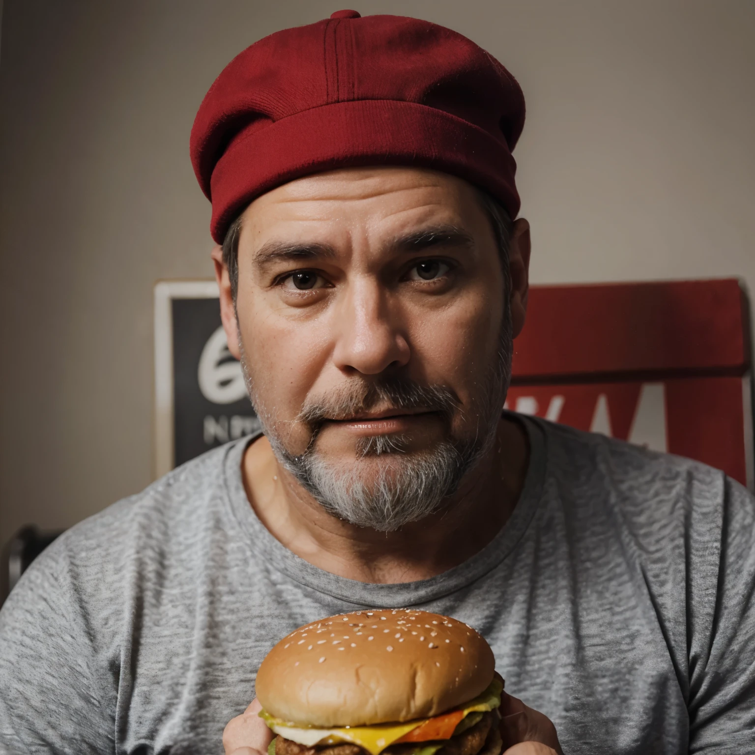 Middle aged man with red cap with gray beard eating hamburger