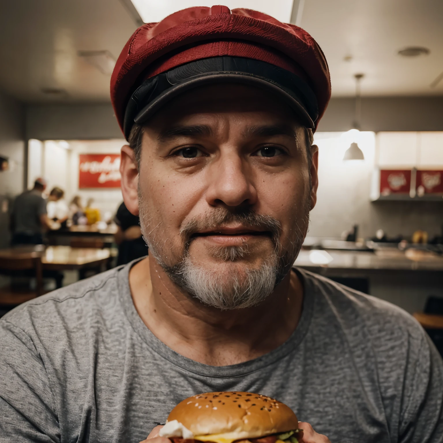 Middle aged man with red cap with gray beard eating hamburger 