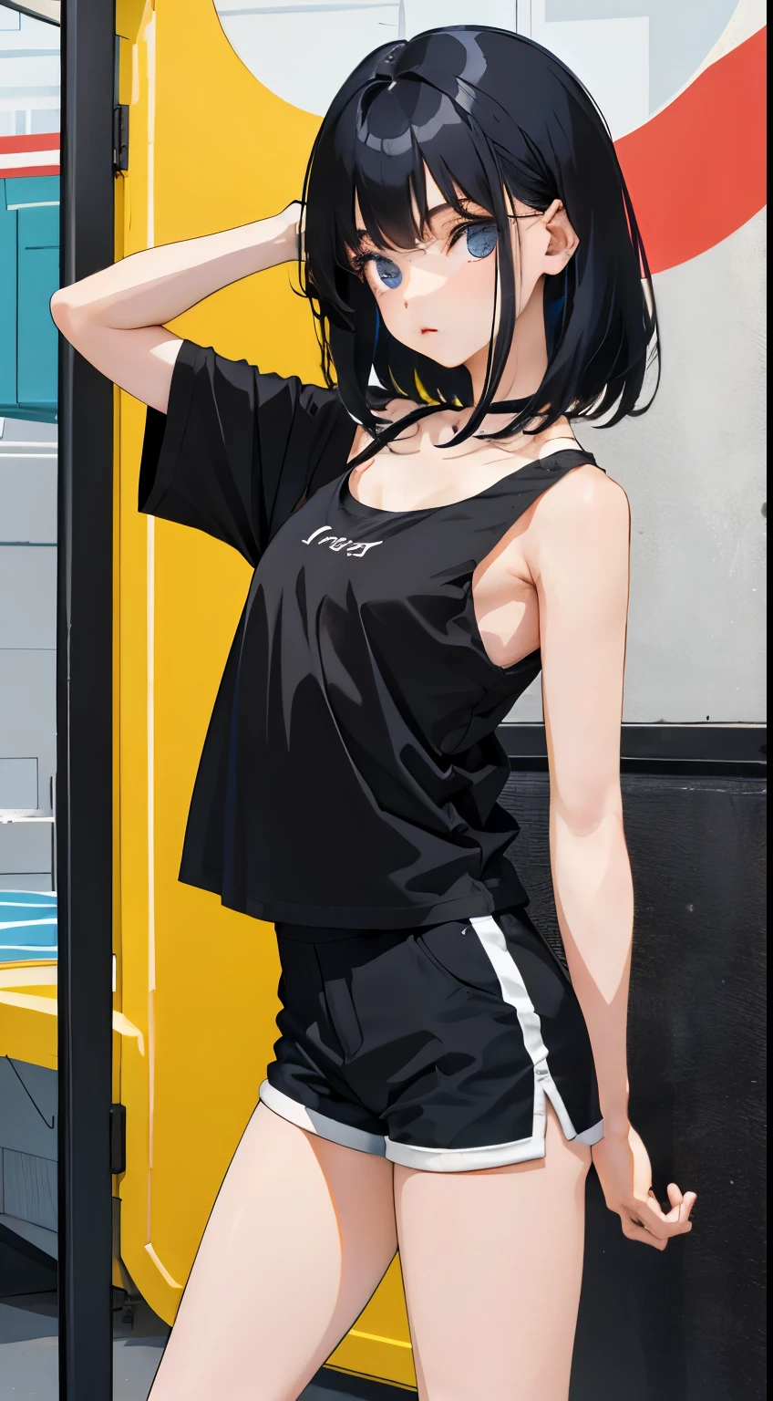 (short cute girl，small young student，young delicate girl）,（masterpiece，Top quality)，Tank top，shorts，short sleeve，long black hair，sleepy