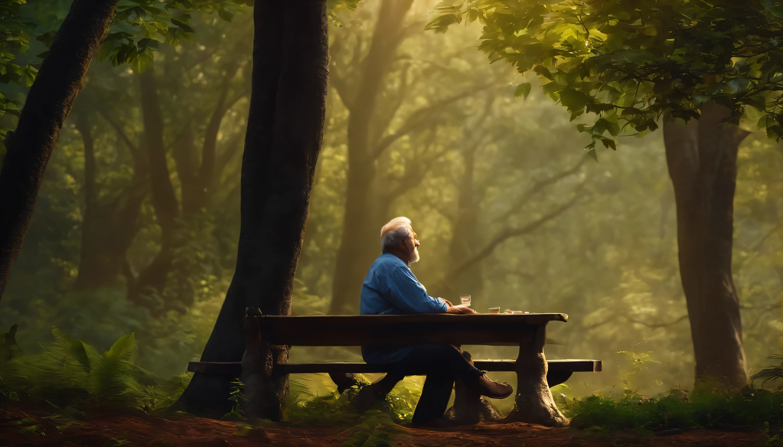 Homem velho conversando com seu neto sobre o futuro, expression of happiness, em frente a uma grande floresta. ultrarealista