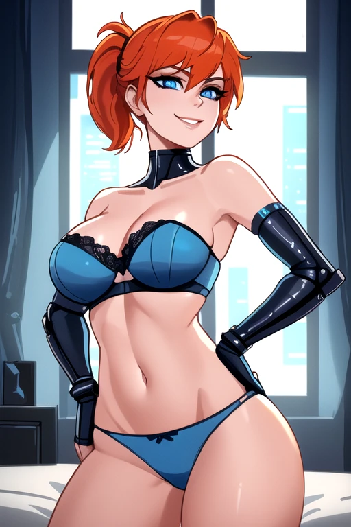 1girl, ((32 years old, wearing a blue strapless bra and blue panties:1.2, medium breasts, short orange hair, pony tail styled hair, perfect model body:1.3, detailed blue eyes:1.5, pale skin, natural makeup, Seductive Smile on face, hands on hips)), full-length, full body, full-length, super face detail, (Background: Indoors, interior of a bedroom with futuristic technology in the background, cyberpunk themed), Very detailed, 4k textures, raw photo, epic artistic, photoreal art, sharp focus, even lighting, insane details, intricate details, hyperdetailed, rich colors,