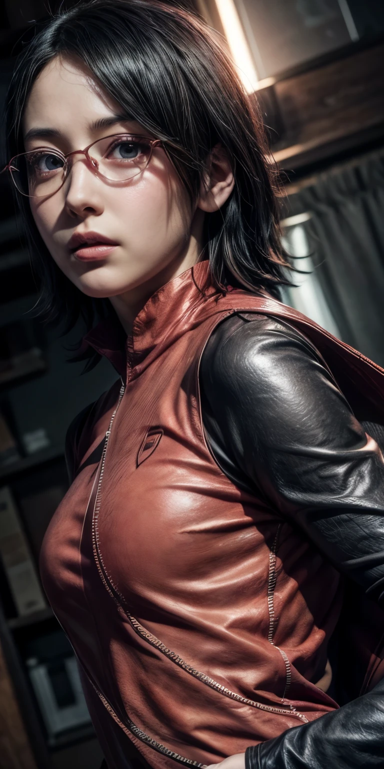 (best quality, high-res, realistic:1.2), Sarada Uchiha, short hair, detailed eyes, detailed lips, glasses, vibrant colors, dynamic pose, mid-action, Uchiha crest, sharingan activated, intense lighting, anime style