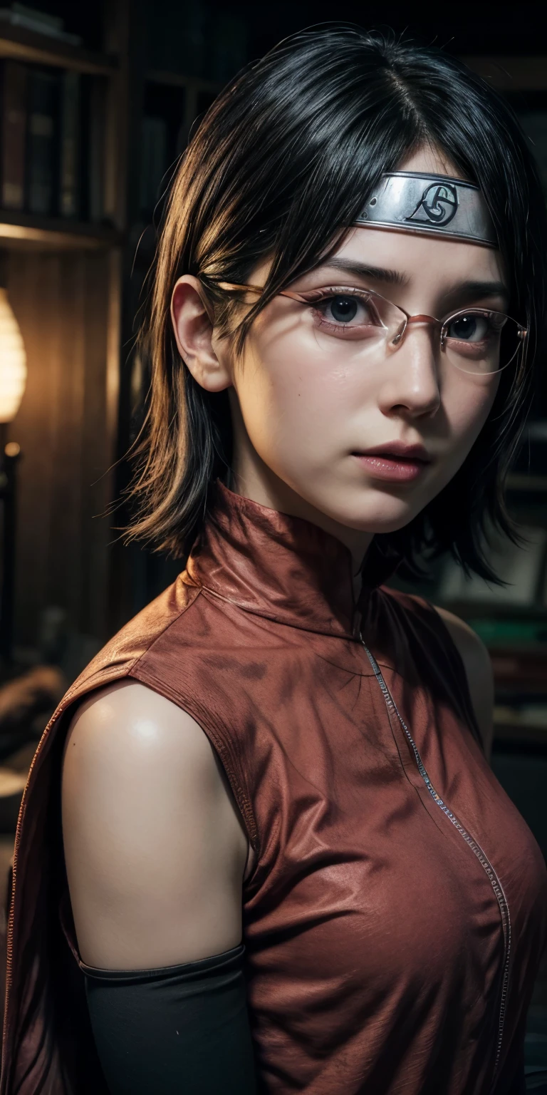 (best quality, high-res, realistic:1.2), Sarada Uchiha, short hair, detailed eyes, detailed lips, glasses, vibrant colors, dynamic pose, mid-action, Uchiha crest, sharingan activated, intense lighting, anime style
