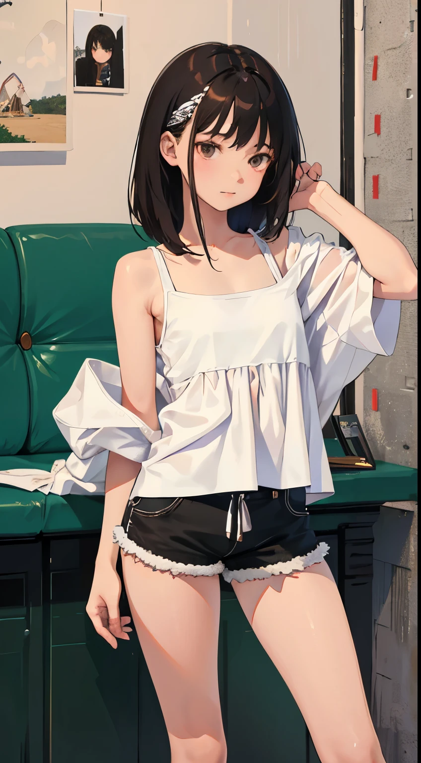 (short cute girl,small young student,young delicate girl),(masterpiece,Top quality),Tank top,Brown shorts,short sleeve,long black hair,sleepy
