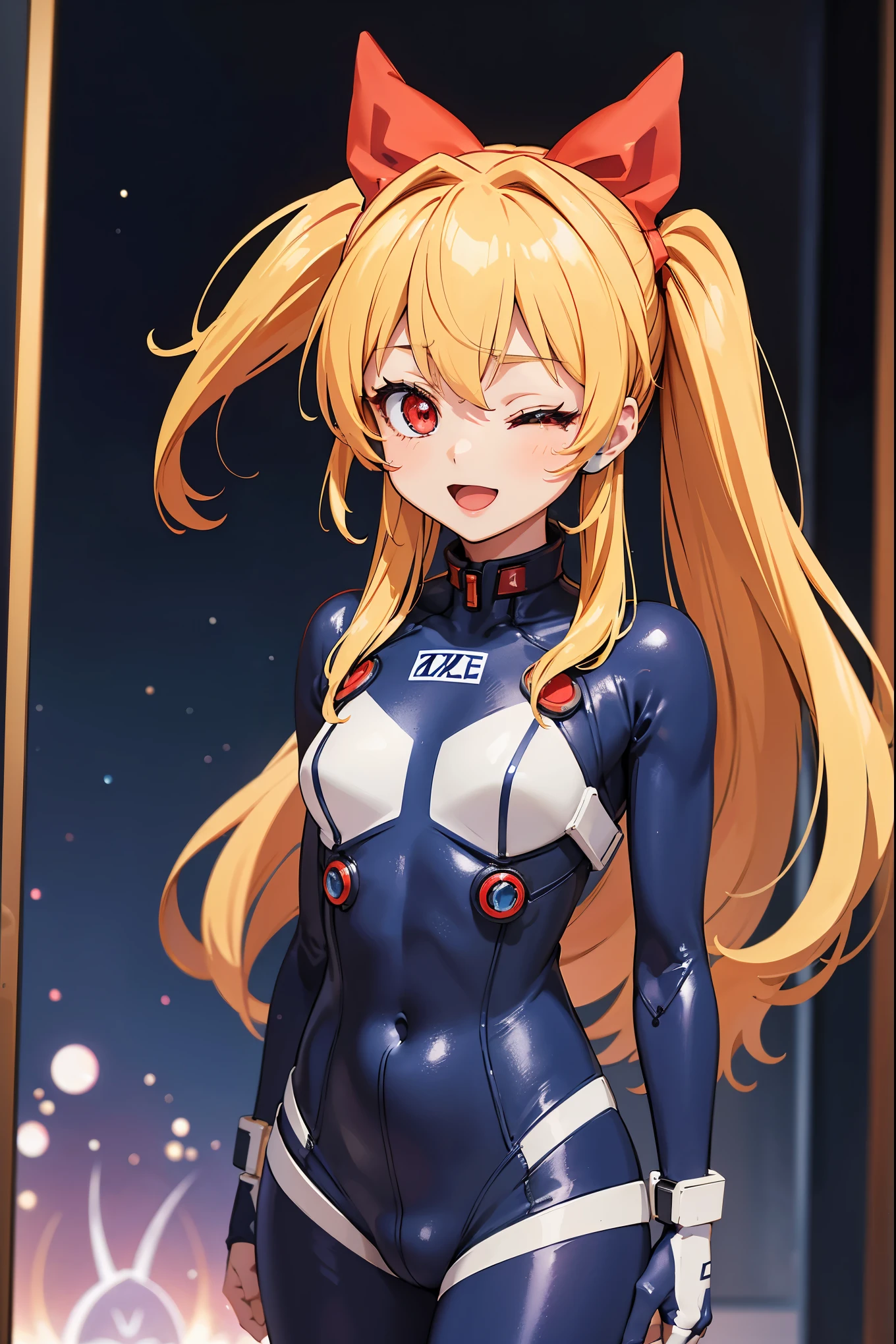 (Overhead view),dynamic angle,ultra-detailed, illustration, close-up, straight on, 1girl, 
 ((souryuu asuka langley, interface headset, Look at viewers、Hero Suit、body suit、tight suits、(nffsw :1.0), Blue Ultraman Bodysuit, blonde)),Her eyes shone like dreamy stars,(glowing eyes:1.233),(beautiful and detailed eyes:1.1),(expressionless),(standing), Spell of the Last（prompt）
(masterpiece, best quality, ultra high res, perfect anatomy, extremely detailed),
BREAK,
1girl,
14 years old,
red eyes,
twintails,
black hair,
very large ribbon in hair,
BREAK,
(finger pointing),
(full face),
one eye closed,
(open mouth),
glow eyes,
smile,
stage light,
(mechanic room with toolsand spaceship windowin a white SPACESHIP),
(night:1.2),dreamy, [[delicate fingers and hands:0.55]::0.85],(detail fingers),