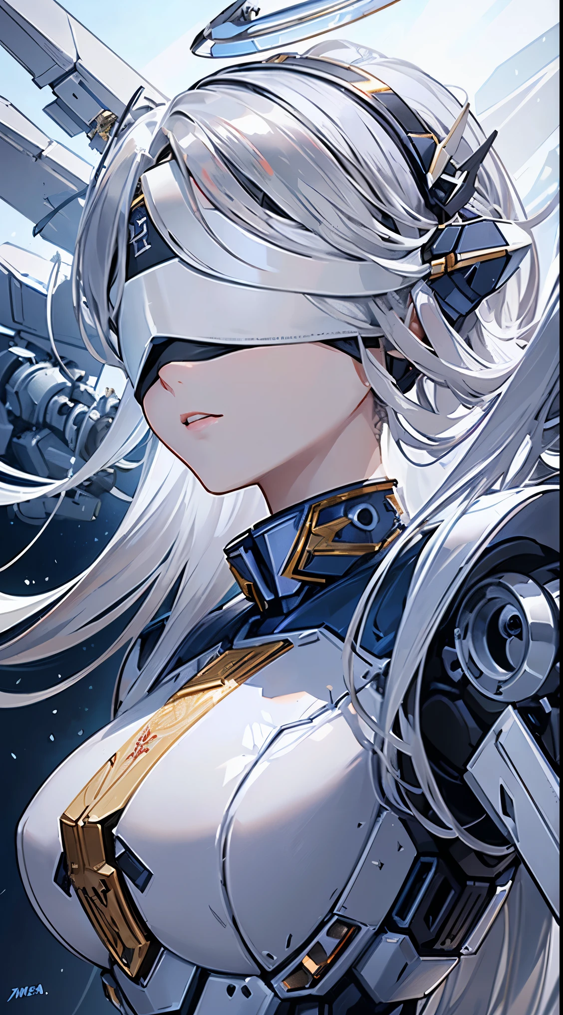 ((8K)), ((32k)), ((highest quality)), ((masterpiece)), ((超A high resolution)), ((T Masterpiece)), ((halo:1.3))、fine skin texture, fine cloth texture, fine metal texture、((beautiful and detailed face))、Raw photo、Professional, Ultra-fine painting, ((solo)), beautiful breasts、highest quality, Super detailed, Super detailed詳細, small details, very beautiful, Princess Knight Robot, (Joint of the machine, mechanical limbs:1.3), (The internal structure of the machine is exposed:1.3), (red long hair 1.1), (Beautiful and huge mechanical breasts)、white veil, cowboy_shot, side focus, headgear, shiny, ((silver mechanical blindfold:1.8))、 (five fingers, 4 fingers and 1 thumb),concept art, anime fantasy artwork, detailed fantasy art, (with pale blue-violet hair and large white wings,,), (((long hair))), (Mecha:1.6)Sleek and menacing design, ((Armament of the Supreme Commander-in-Chief)), (perfect robot body)、Pure white and blue-purple armor, symmetrical wings, 8K high quality detailed art, 3D rendering of character art in 8K, clear legs, defined, defined fingers, NSFW、((head shot:1.3))